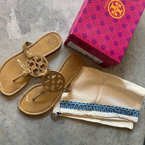 Tory Burch Tan Miller Logo Thong Sandals with Gold Hardware